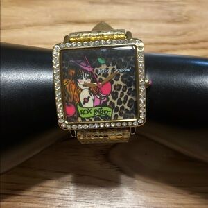 Betsey Johnson square XOX Tattoo Leopard Lady Rhinestone Gold Band Watch Vintage